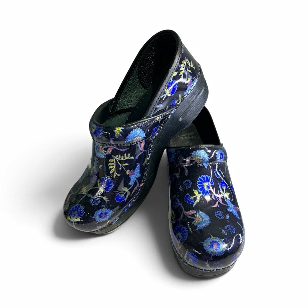 Dansko Professional Women Black Blue Floral Leather Slip On Clog Comfort US 8.5